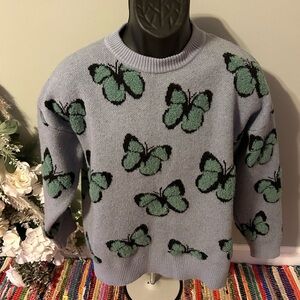 90s Butterfly Sweater All Over Print Fuzzy Puff Knit Spring Country Farm Medium